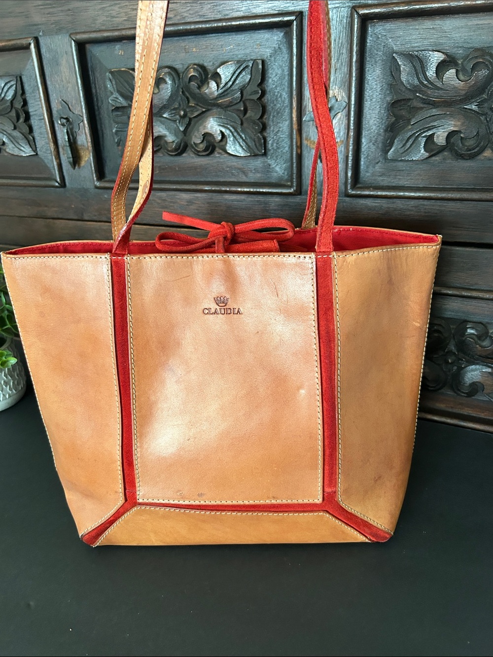 Claudia Tan Leather Tote with Red Trim